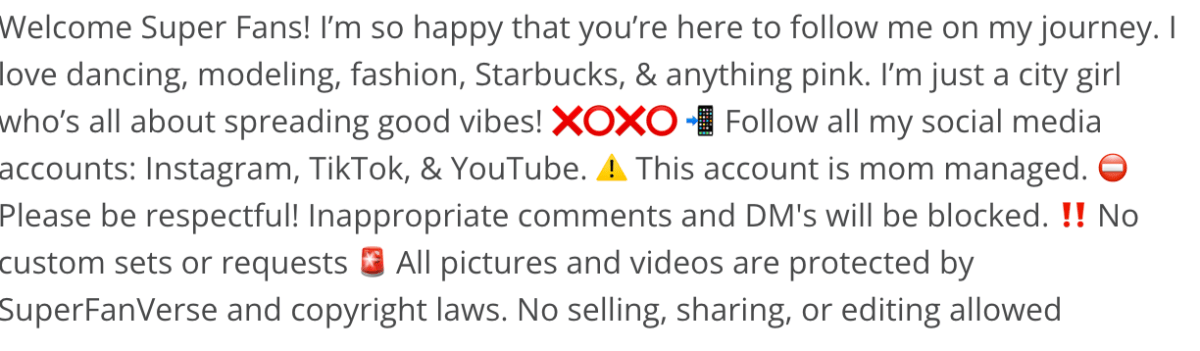 Screenshot of parent-run accounts on SuperFanVerse